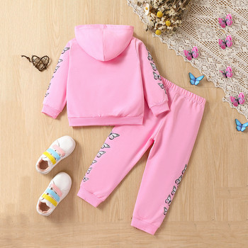 Ανοιξιάτικο και φθινόπωρο για κορίτσια, μακρυμάνικη μόδα, μοντέρνο βαμβακερό μπουφάν + παντελόνι μωρό με πεταλούδα κοστούμι πουλόβερ με κουκούλα
