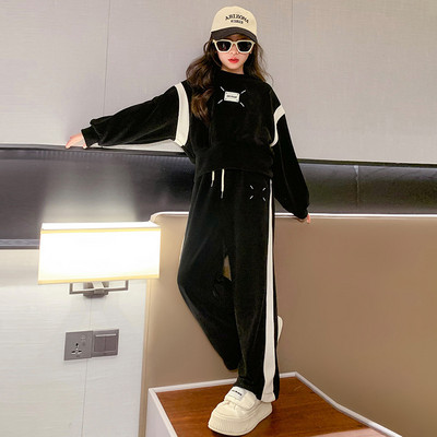 2023. aasta kolledžistiilis tüdrukute sügisülikond teismeliste riiete komplekt Korea pikkade varrukatega trükitud laia säärega püksid, riietus Laste puhkerõivad 3–15 a