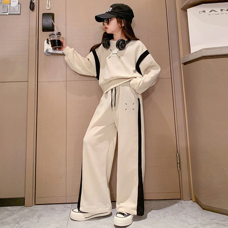 2023. aasta kolledžistiilis tüdrukute sügisülikond teismeliste riiete komplekt Korea pikkade varrukatega trükitud laia säärega püksid, riietus Laste puhkerõivad 3–15 a