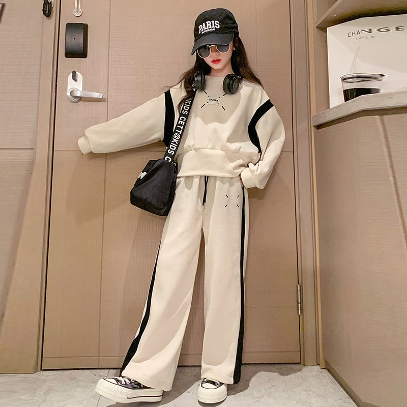 2023. aasta kolledžistiilis tüdrukute sügisülikond teismeliste riiete komplekt Korea pikkade varrukatega trükitud laia säärega püksid, riietus Laste puhkerõivad 3–15 a