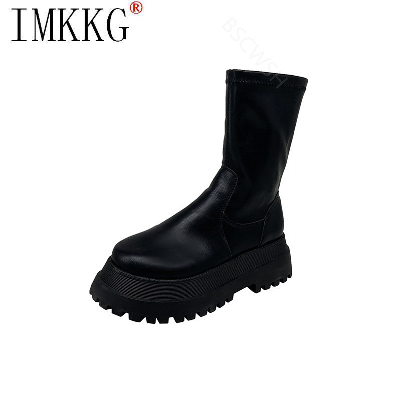 2021. aasta trendi lühikesed paksu tallaga saapad naiste 5,5 cm kontsaga korea stiilis platvormmood vabaaja ratsusaapad sääre keskele mootorrattasaapad