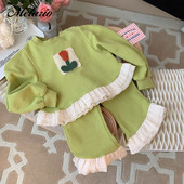 Menoea 2023 kevadine ja sügisene tüdrukute komplekt Uus tüdrukute lilleplaaster, volangiga ülaosa + püksid, kaheosaline laste moekomplekt