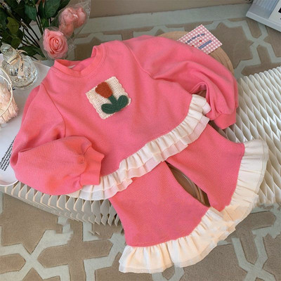 Menoea 2023 kevadine ja sügisene tüdrukute komplekt Uus tüdrukute lilleplaaster, volangiga ülaosa + püksid, kaheosaline laste moekomplekt