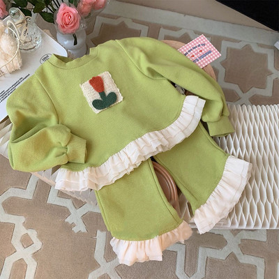 Menoea 2023 kevadine ja sügisene tüdrukute komplekt Uus tüdrukute lilleplaaster, volangiga ülaosa + püksid, kaheosaline laste moekomplekt