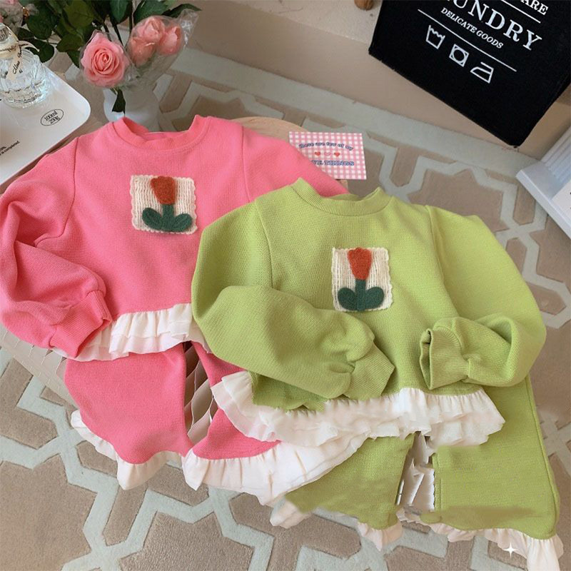 Menoea 2023 kevadine ja sügisene tüdrukute komplekt Uus tüdrukute lilleplaaster, volangiga ülaosa + püksid, kaheosaline laste moekomplekt