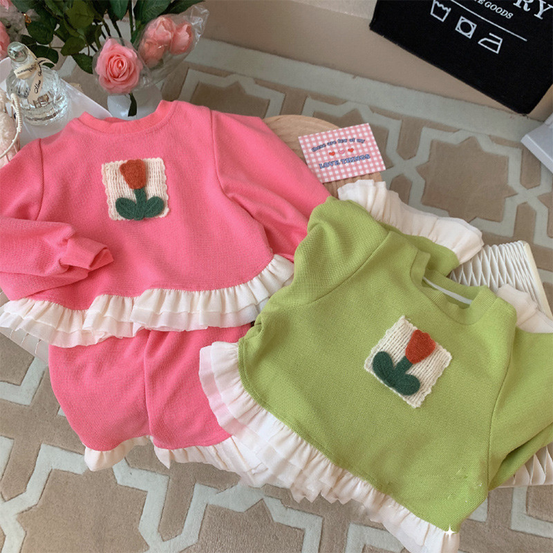 Menoea 2023 kevadine ja sügisene tüdrukute komplekt Uus tüdrukute lilleplaaster, volangiga ülaosa + püksid, kaheosaline laste moekomplekt