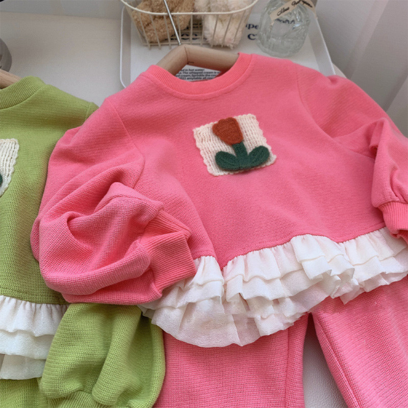 Menoea 2023 kevadine ja sügisene tüdrukute komplekt Uus tüdrukute lilleplaaster, volangiga ülaosa + püksid, kaheosaline laste moekomplekt