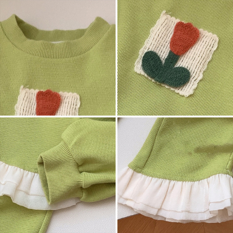 Menoea 2023 kevadine ja sügisene tüdrukute komplekt Uus tüdrukute lilleplaaster, volangiga ülaosa + püksid, kaheosaline laste moekomplekt