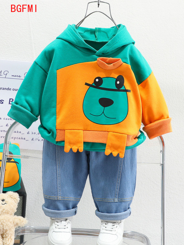 Κορεατικά παιδικά ρούχα Άνοιξη 2023 Φθινοπωρινά βρεφικά ρούχα με κουκούλα Cartoon Bear Hoody Washed Jeans Παντελόνι Κοστούμι δύο τεμαχίων 1-5Y