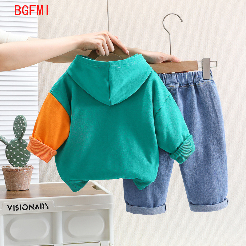 Κορεατικά παιδικά ρούχα Άνοιξη 2023 Φθινοπωρινά βρεφικά ρούχα με κουκούλα Cartoon Bear Hoody Washed Jeans Παντελόνι Κοστούμι δύο τεμαχίων 1-5Y