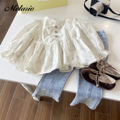 Menoea lastekomplekt uus kevad/sügis pikkade varrukatega komplekt, ümmarguse kaelusega trükitud ülaosa+lillega tikitud teksad kaheosaline komplekt