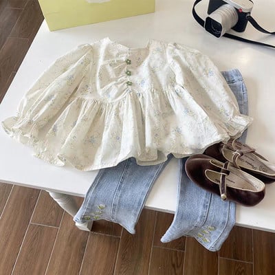 Menoea lastekomplekt uus kevad/sügis pikkade varrukatega komplekt, ümmarguse kaelusega trükitud ülaosa+lillega tikitud teksad kaheosaline komplekt