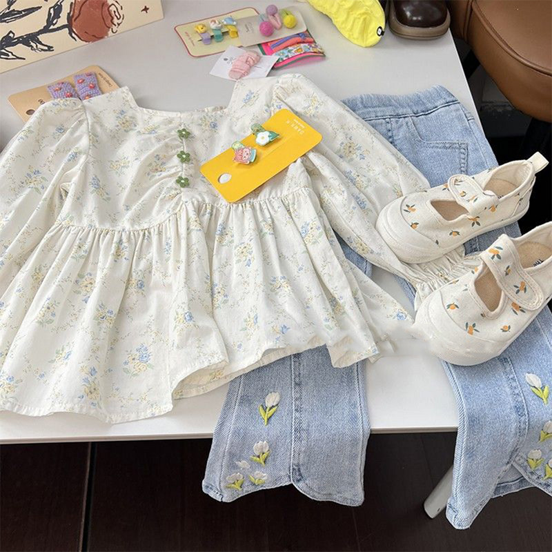 Menoea lastekomplekt uus kevad/sügis pikkade varrukatega komplekt, ümmarguse kaelusega trükitud ülaosa+lillega tikitud teksad kaheosaline komplekt