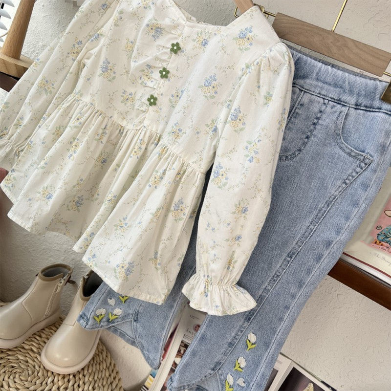 Menoea lastekomplekt uus kevad/sügis pikkade varrukatega komplekt, ümmarguse kaelusega trükitud ülaosa+lillega tikitud teksad kaheosaline komplekt