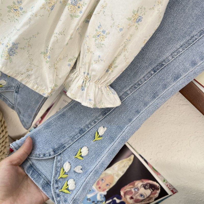 Menoea lastekomplekt uus kevad/sügis pikkade varrukatega komplekt, ümmarguse kaelusega trükitud ülaosa+lillega tikitud teksad kaheosaline komplekt