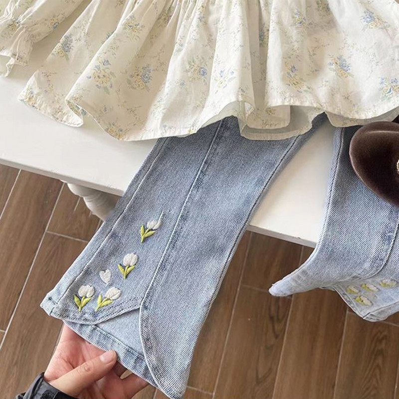 Menoea lastekomplekt uus kevad/sügis pikkade varrukatega komplekt, ümmarguse kaelusega trükitud ülaosa+lillega tikitud teksad kaheosaline komplekt