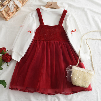 Melario Пролет Есен Детски комплекти Бебешка рокля за момичета Детска червена рокля + Бяла горна част с дълъг ръкав Комплект дрехи за бебета Комплекти дрехи за момичета