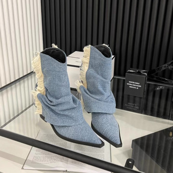 2023 Нови дамски обувки Модни дамски ботуши с остър ток с квадратен ток Ръкав Деним Дамски ботуши със среден ток Botas De Mujer