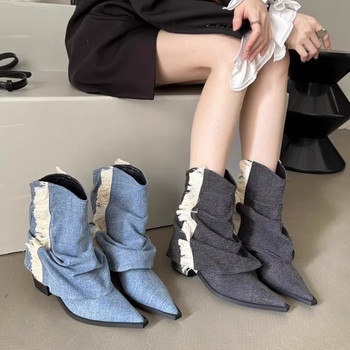 2023 Нови дамски обувки Модни дамски ботуши с остър ток с квадратен ток Ръкав Деним Дамски ботуши със среден ток Botas De Mujer