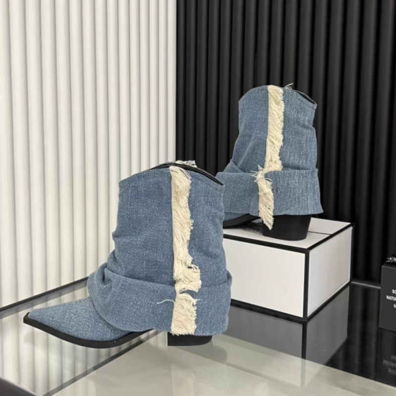 2023-as új női cipők négyszögletes sarkú hegyes divatos női csizmák ujjú farmer közepes sarkú női csizmákBotas De Mujer