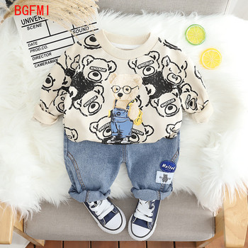 Корейско детско облекло Пролет 2023 Есен Бебешки дрехи С дълъг ръкав 3D карикатура Суичър с мечка Дънки Панталон Костюм от две части