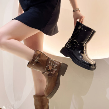 Дамски ботуши Къси кожени ботуши на платформа с нитове Черни дизайнерски катарама за колан Нови рок обувки Пънк ботуши в каубойски стил Нови