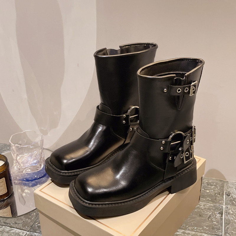 Saapad Naised Neet Platvorm Lühikesed Nahast Saapad Madala kontsaga Must Disainer Vöö Pandlaga Uued Rock Kingad Kauboi stiilis Punk papud Uus