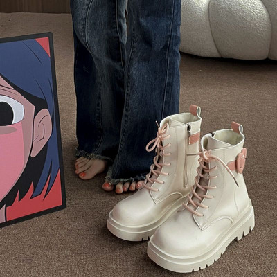 Y2K Coreeană Elegantă Roz Alb Cizme Martin lungi Iarnă Estetică Casual Kawaii Pantof Gros Cu Toc Înalt Platformă Pantofi Femei