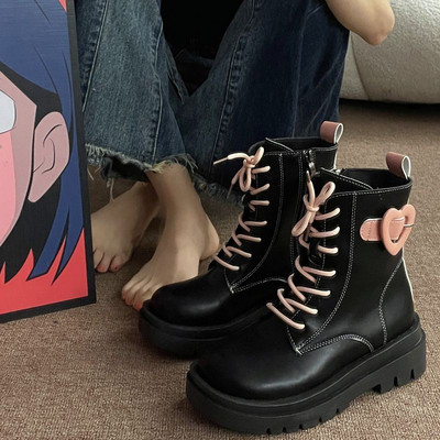 Y2K Coreeană Elegantă Roz Alb Cizme Martin lungi Iarnă Estetică Casual Kawaii Pantof Gros Cu Toc Înalt Platformă Pantofi Femei