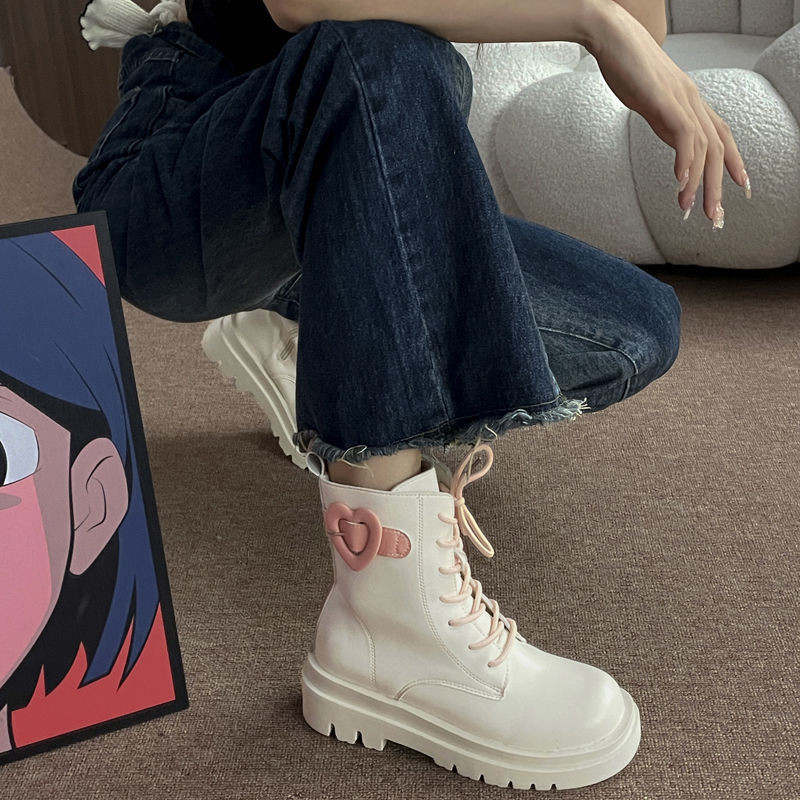 Y2K Coreeană Elegantă Roz Alb Cizme Martin lungi Iarnă Estetică Casual Kawaii Pantof Gros Cu Toc Înalt Platformă Pantofi Femei