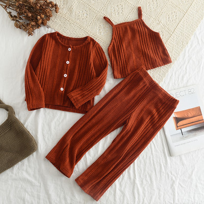 Melario tüdrukute pikkade varrukatega T-särk, 2023. aasta sügis, uus tüdrukute mantel + rippuv mantel + kellukpüksid, kolmeosaline tüdrukute moekomplekt