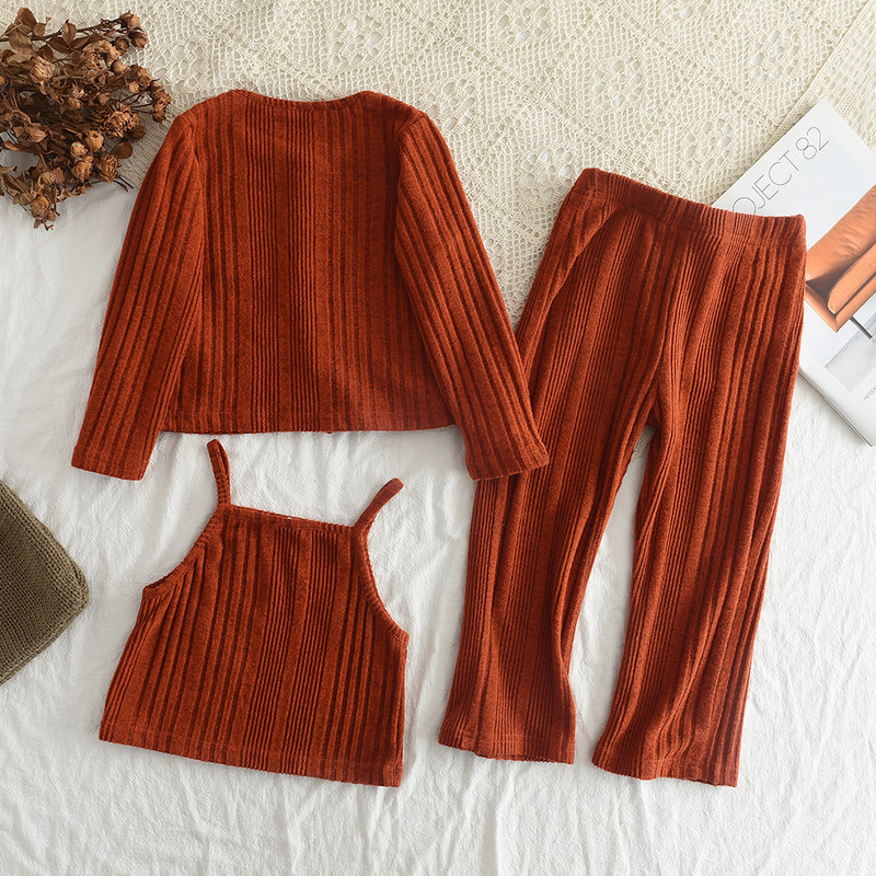 Melario tüdrukute pikkade varrukatega T-särk, 2023. aasta sügis, uus tüdrukute mantel + rippuv mantel + kellukpüksid, kolmeosaline tüdrukute moekomplekt