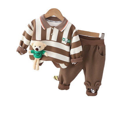 Ανοιξιάτικο φθινόπωρο για αγόρια βαμβακερά 2 τεμάχια κοστούμι πουλόβερ ριγέ Φούτερ Κοστούμι Παιδικό Cartoon Bear Αθλητικό Σετ 1-5Y Παιδικά Ρούχα