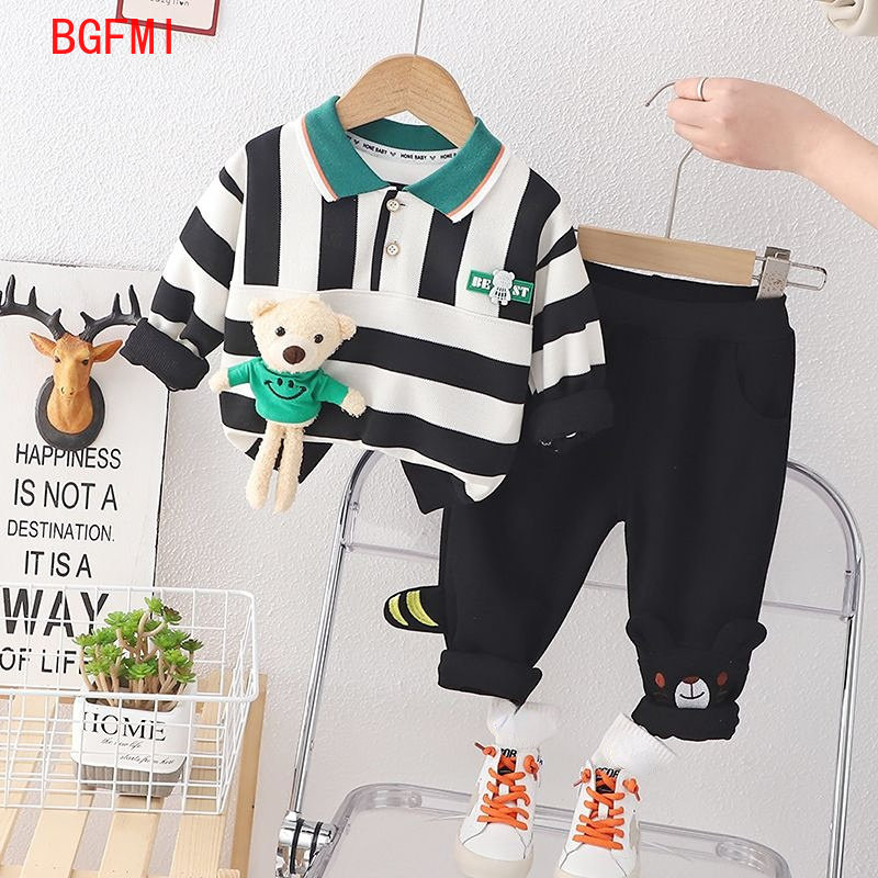 Ανοιξιάτικο φθινόπωρο για αγόρια βαμβακερά 2 τεμάχια κοστούμι πουλόβερ ριγέ Φούτερ Κοστούμι Παιδικό Cartoon Bear Αθλητικό Σετ 1-5Y Παιδικά Ρούχα