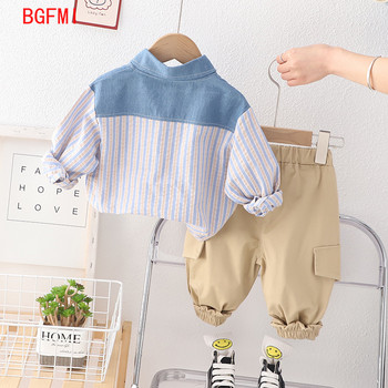 Κορεατικά ανοιξιάτικα βρεφικά ρούχα φθινοπώρου Παιδικά ρούχα ριγέ συνονθύλευμα τζιν Πουκάμισα Cargo Παντελόνια Σετ δύο τεμαχίων Παιδικά ρούχα για αγόρια