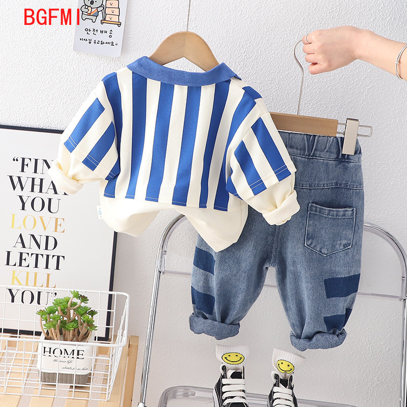 Κορεατικά παιδικά ρούχα Ανοιξιάτικα φθινόπωρα Ανδρικά Βρεφικά Ρούχα Κινούμενα σχέδια Dinosaur ριγέ φούτερ Τζιν παντελόνι κοστούμι Παιδική στολή για αγόρι
