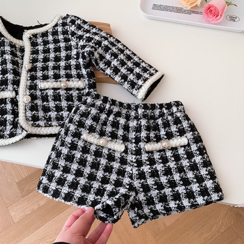 Σετ ρούχων για κορίτσια Menoea 2023 Φθινόπωρο Νέο Sweet Checker Τσέπη μονό παλτό + σορτς σετ μόδας δύο τεμαχίων Παιδικό σετ