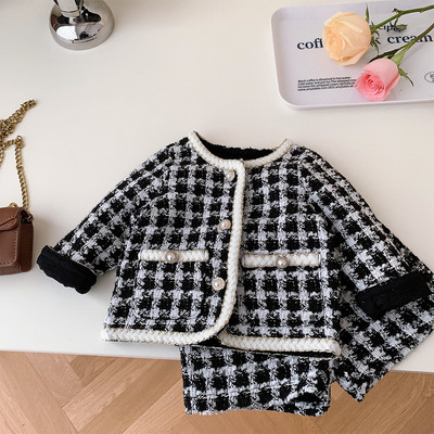 Menoea tüdrukute rõivakomplekt, 2023. aasta sügis, uus magusa kabe tasku, üherealine mantel + lühikesed püksid, kaheosaline moodne komplekt lastele