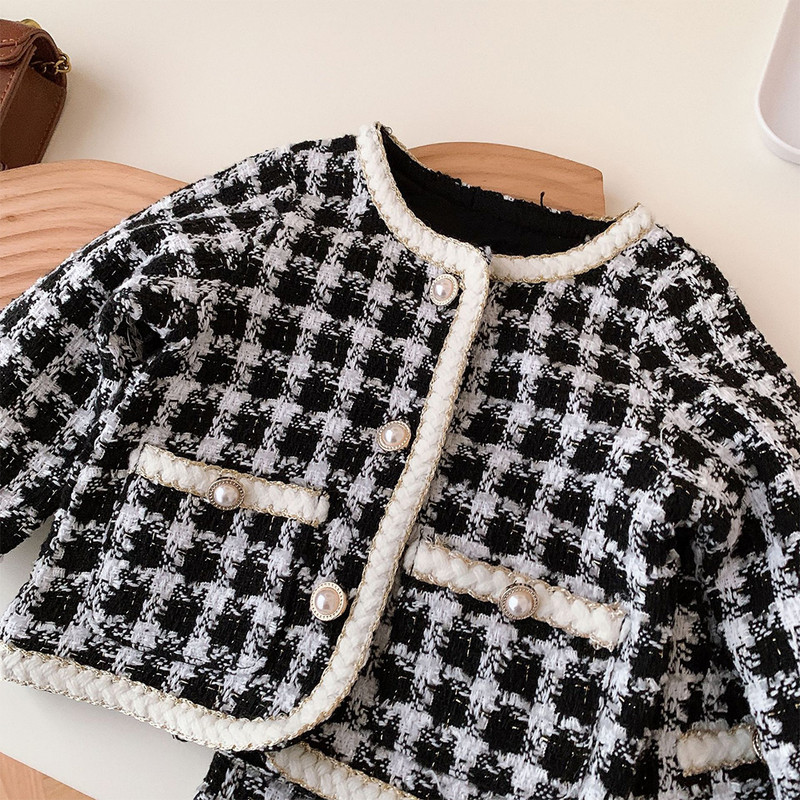 Menoea tüdrukute rõivakomplekt, 2023. aasta sügis, uus magusa kabe tasku, üherealine mantel + lühikesed püksid, kaheosaline moodne komplekt lastele