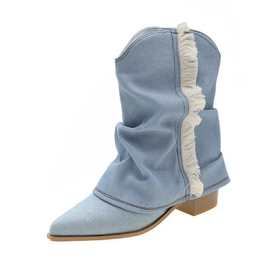Pantofi de toamnă cu toc gros pentru femei 2023, la modă nouă, din țesătură denim, cizme de cowboy occidentale pentru femei, cizme cu vârf piontat pentru damă.