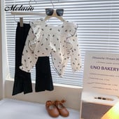 Menoea Tüdrukute Komplekt Uus Sweet Lotus Edge Bow Print ruudukujuline kaelus + Bow poolitatud püksid, kaheosaline komplekt laste moekomplektile