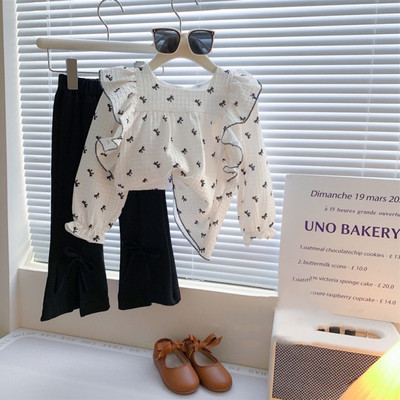 Menoea Tüdrukute Komplekt Uus Sweet Lotus Edge Bow Print ruudukujuline kaelus + Bow poolitatud püksid, kaheosaline komplekt laste moekomplektile
