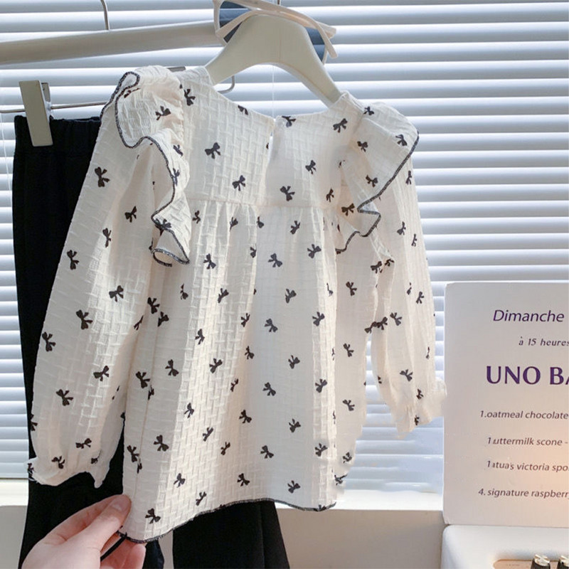 Menoea Tüdrukute Komplekt Uus Sweet Lotus Edge Bow Print ruudukujuline kaelus + Bow poolitatud püksid, kaheosaline komplekt laste moekomplektile