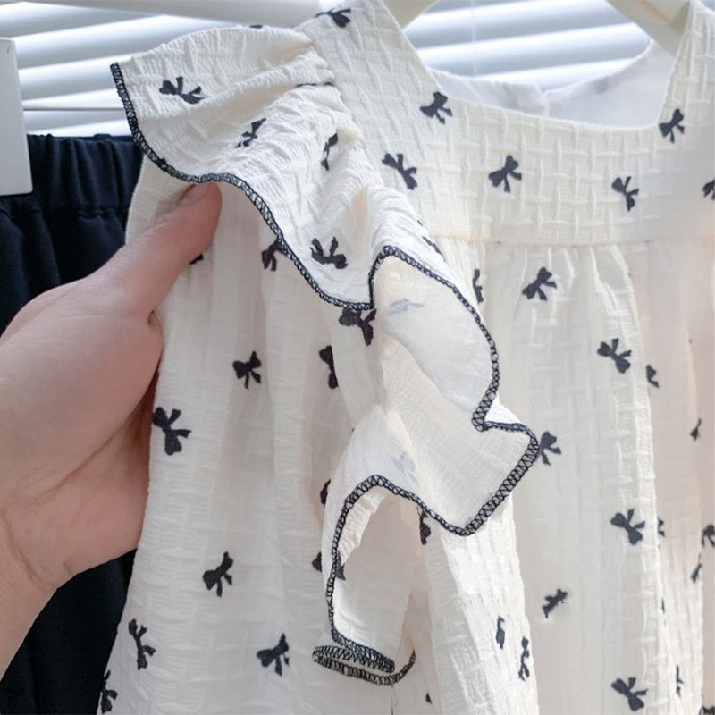 Menoea Tüdrukute Komplekt Uus Sweet Lotus Edge Bow Print ruudukujuline kaelus + Bow poolitatud püksid, kaheosaline komplekt laste moekomplektile