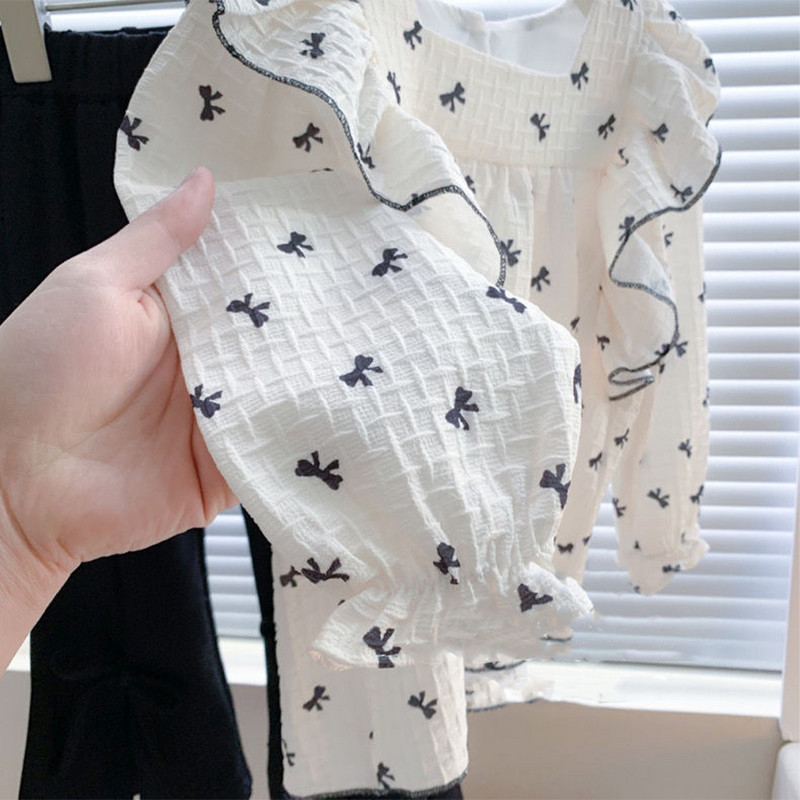 Menoea Tüdrukute Komplekt Uus Sweet Lotus Edge Bow Print ruudukujuline kaelus + Bow poolitatud püksid, kaheosaline komplekt laste moekomplektile