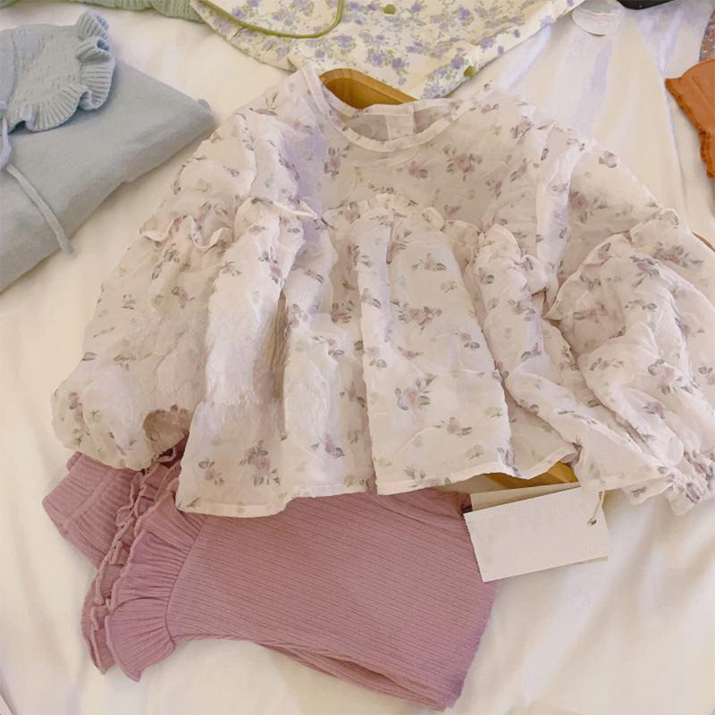 Σετ για κορίτσια Melario 2023 Φθινόπωρο Νέο Κοριτσίστικο στάμπα με λουλούδια Πλισέ πάνω και βολάν παντελόνι δύο τεμαχίων Sweet Cute girls σετ ρούχων