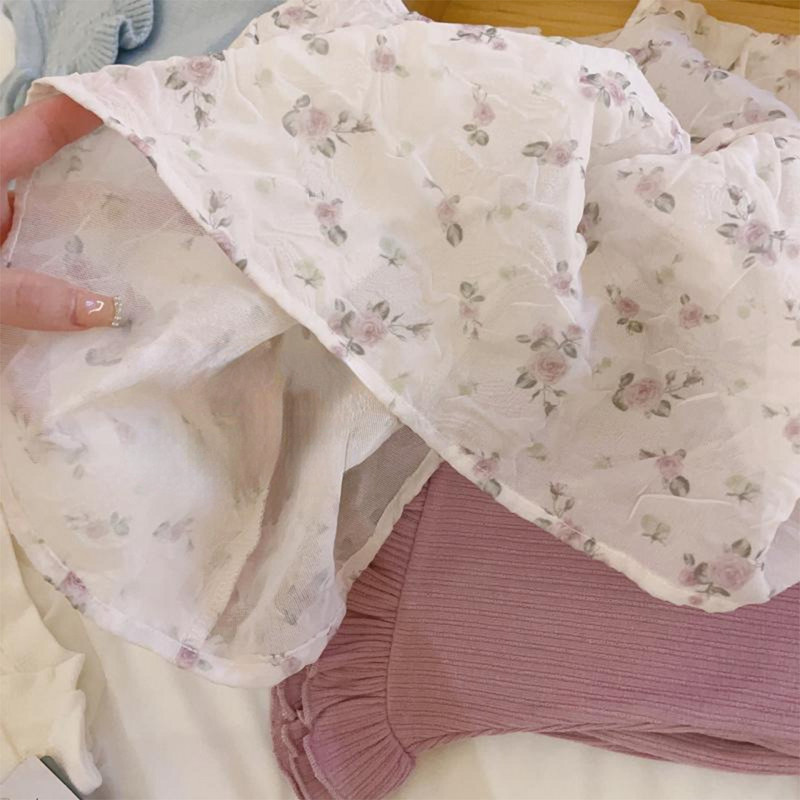 Σετ για κορίτσια Melario 2023 Φθινόπωρο Νέο Κοριτσίστικο στάμπα με λουλούδια Πλισέ πάνω και βολάν παντελόνι δύο τεμαχίων Sweet Cute girls σετ ρούχων