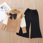 Melario lány pulóver szettek 2023 őszi/téli kötőszett új lányoknak, masni fodros kötés felső+nadrág kétrészes lány szettek