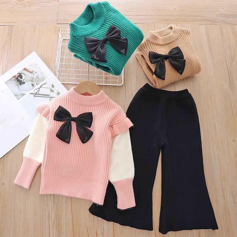 Melario lány pulóver szettek 2023 őszi/téli kötőszett új lányoknak, masni fodros kötés felső+nadrág kétrészes lány szettek