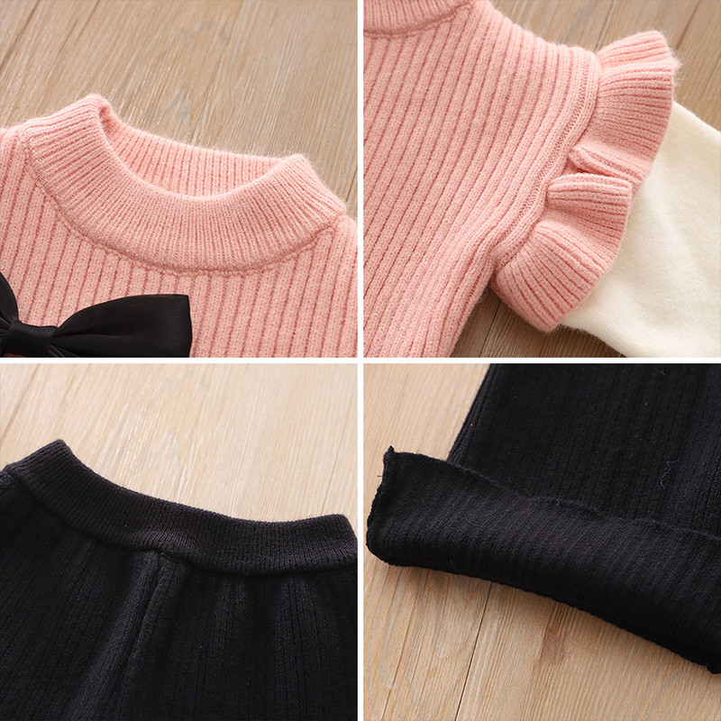 Melario lány pulóver szettek 2023 őszi/téli kötőszett új lányoknak, masni fodros kötés felső+nadrág kétrészes lány szettek